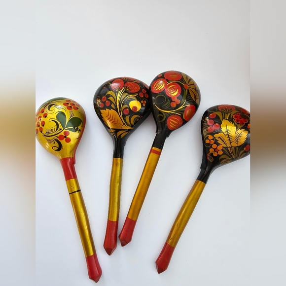 KHOKHLOMA Wooden Spoon Hand Painted RUSSIAN Lacquer Black Red & Gold Lot(8) - Picture 4 of 14